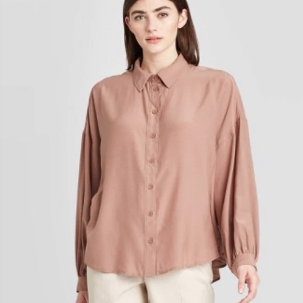 NEW Prologue Blouse XS Button-Down Shirt Mauve Taupe Rayon Polyester Long Sleeve